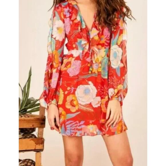 Farm Rio Red Floral Ruffle Flowy Short Dress Boho Hippie Vacation Indie Beaded - Picture 14 of 14